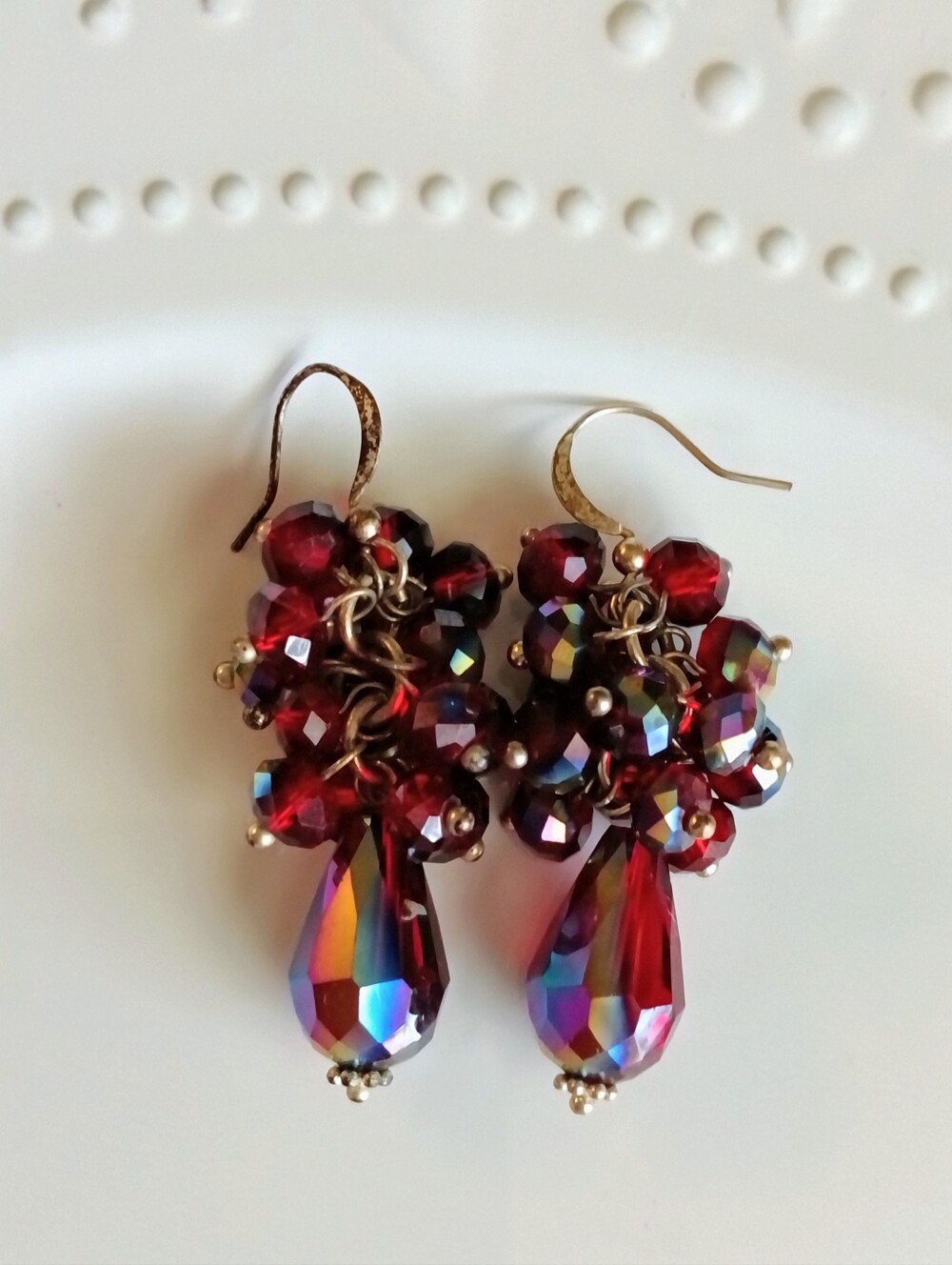 Garnet Red Crystal Cluster Dangle Earrings with Faceted Drop (1 3/4" L)